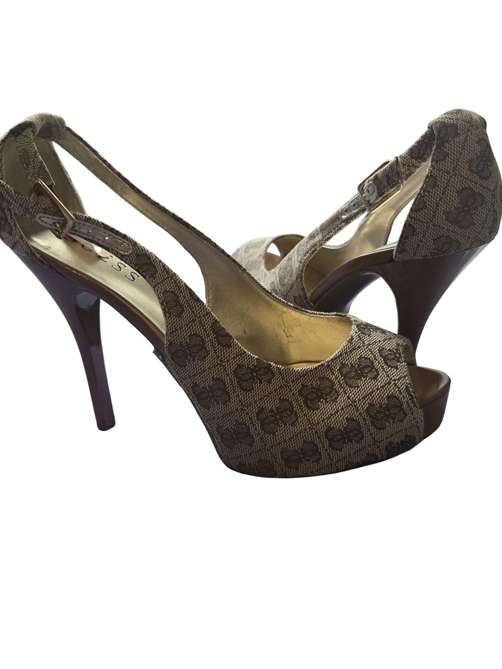 Guess Brown Patterned Peep-Toe Slingback Heels